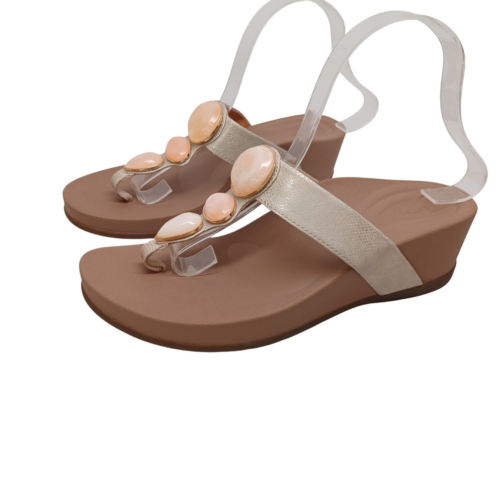 Aetrex Elyse Champagne Metallic Snake Stone Thong Wedge Sandals 9-9.5 FW172W